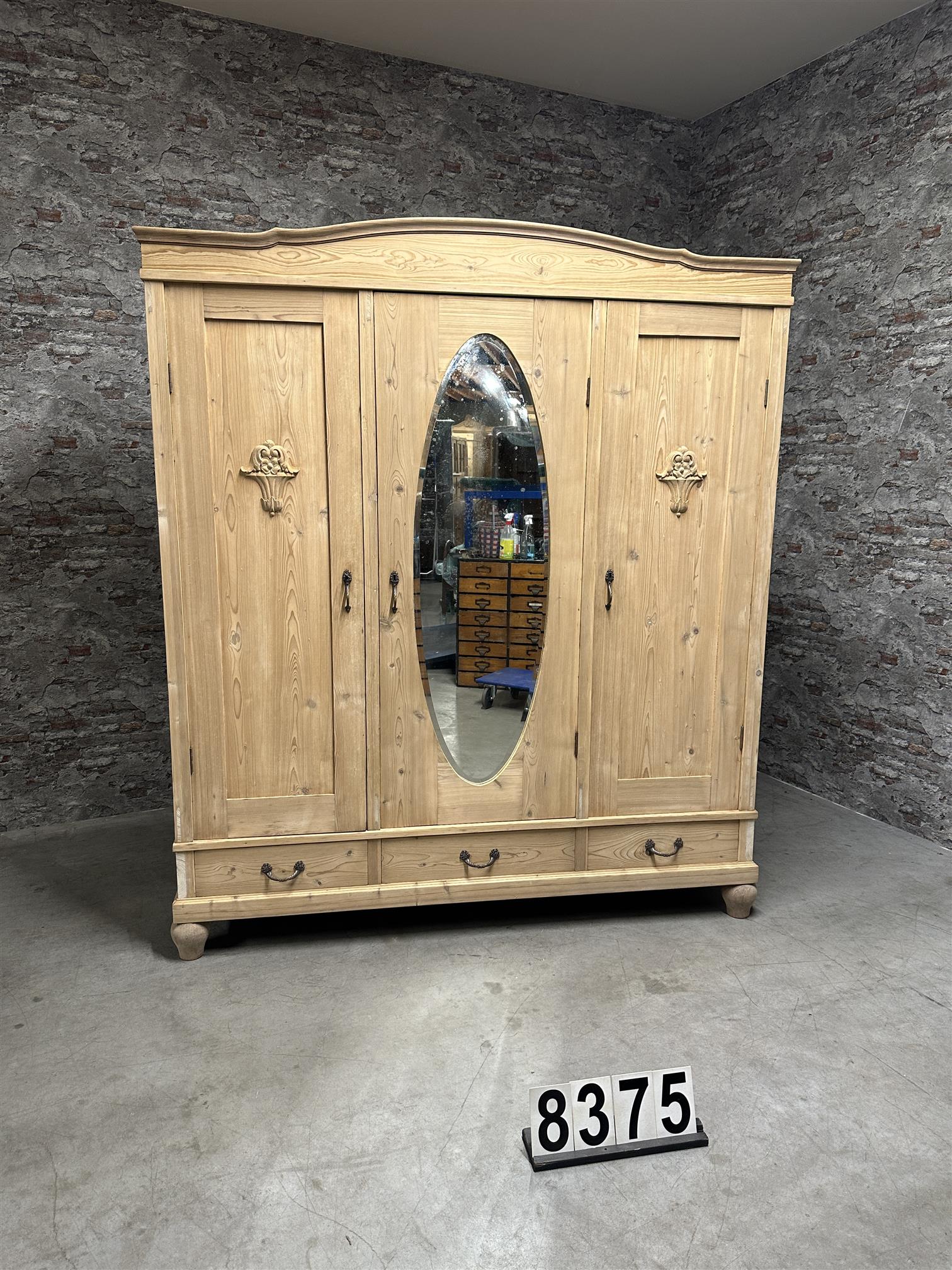 Antique pine wardrobe with oval mirror 8375